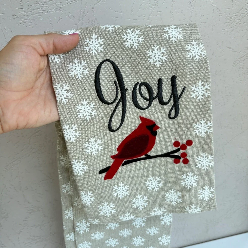 Joy Cardinal Christmas Tea Towel Snowflake Embroidered Holiday Kitchen Towel